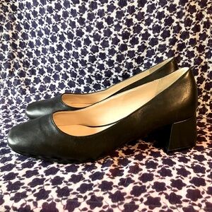 Karl Lagerfeld Paris black leather block low heels GUC size 6.5 neutral dressy